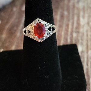Red Rhinestone & Silver (925) Ring in Filagree Setting